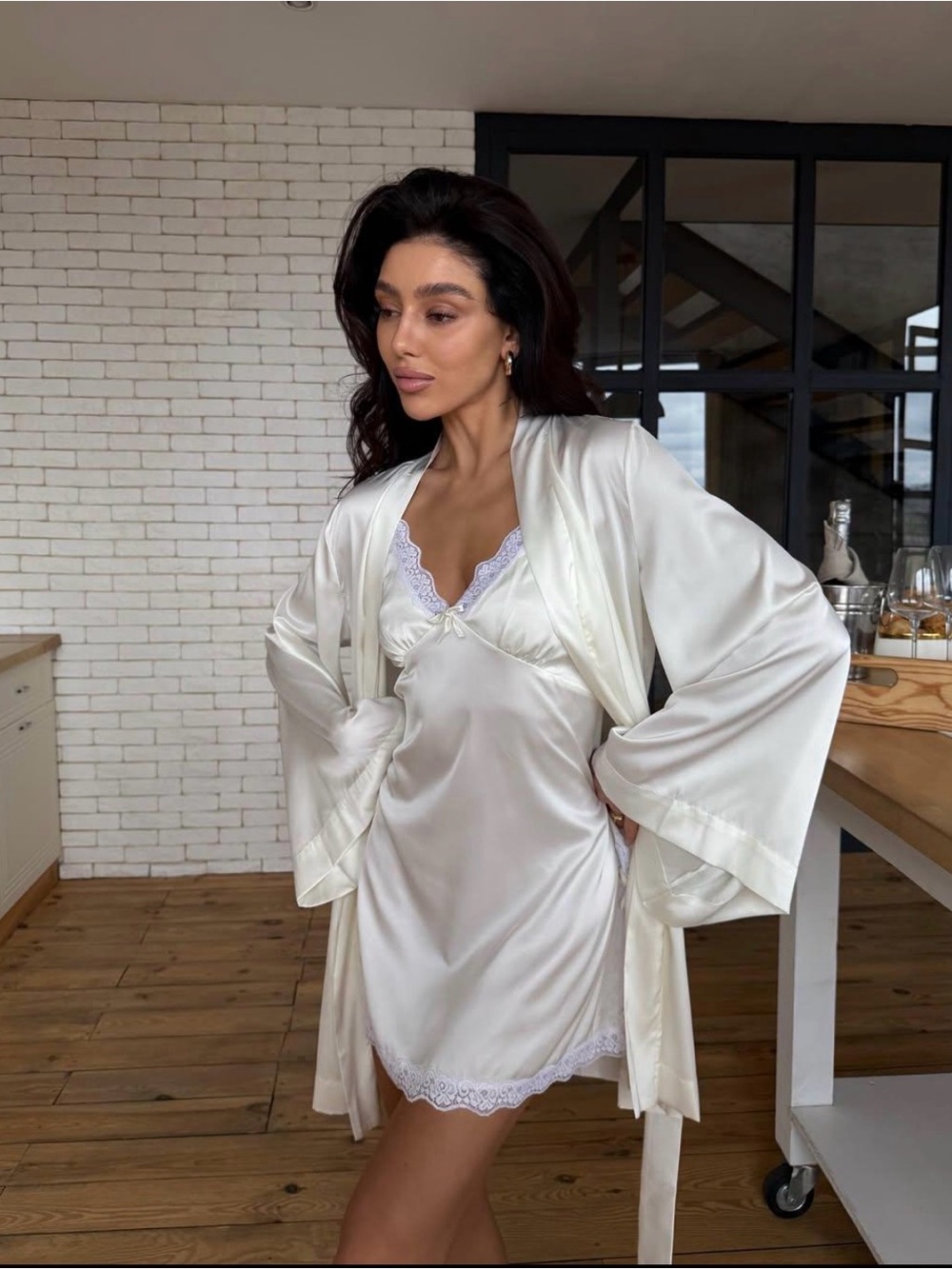 Custom Silky Lace-Trim Chemise Nightgown with Robe